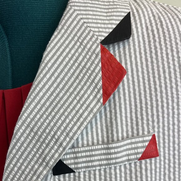 Cream & Gray Striped Seer Sucker Jacket Customized with Black/Red Embellishment - Picture 6 of 9